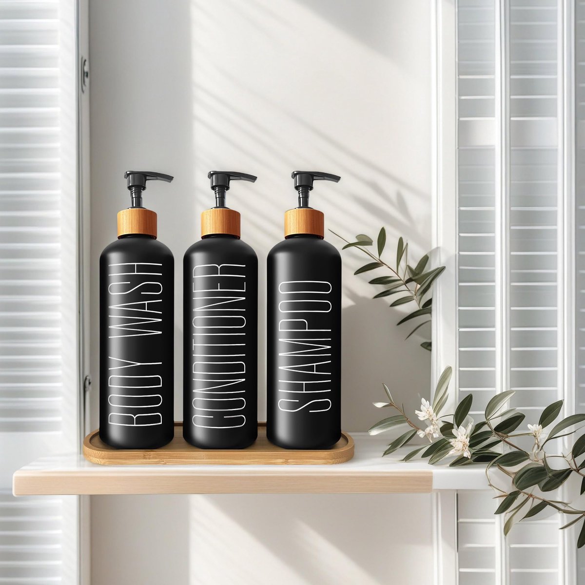 glazen shampoo en conditioner dispenserset met bamboe pompen en lade - 3 navulbare flessen voor de douche, vooraf geëtiketteerd voor body wash, shampoo, conditioner - 500ml/16.9oz elk — cadeau in Wonen & Interieur - foto 6