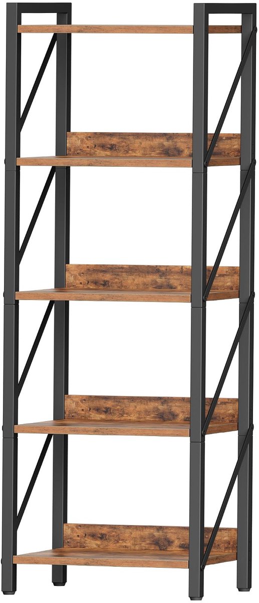 5-laags boekenplank, industriële staande plank, ladderplank, opbergrek, kantoorplank, metalen frame, voor woonkamer, slaapkamer, kantoor, keuken, Rustiek Bruin en Zwart EBF73SJ01