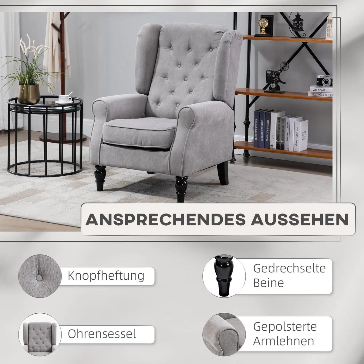 HAUSS SPOLE Fauteuil Grijs - Oorensessel Met Knopen En Houten Poten - Comfortabele 1-Zits Voor Woonkamer En Leeshoek - Polyester Gray