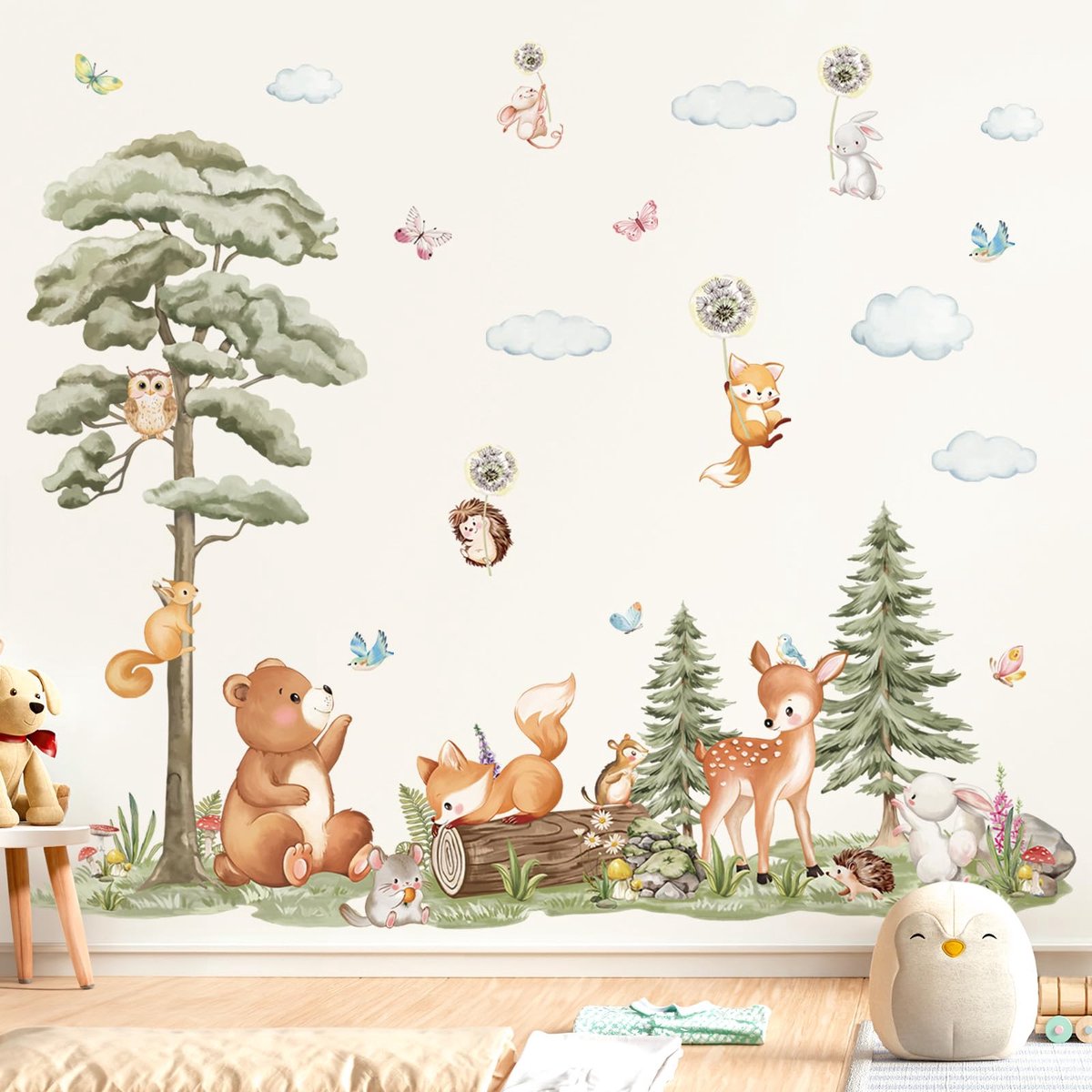 decalmile Muurtattoo, grote bosdieren, boom, wandsticker, beer, hert, vos, muursticker, kinderkamer, babykamer, woonkamer, muurdecoratie