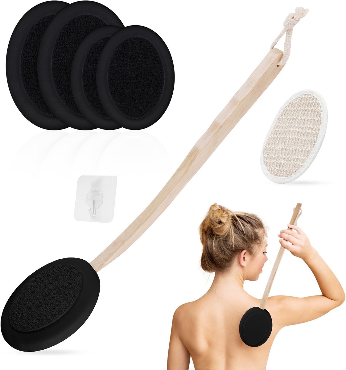 Crème-applicator, 7-pack rugapplicator voor crème, zonnebrandcrème, applicator met lange steel om zelf aan te brengen, 2-in-1 lichaamsborstel met 4 pads, badborstel en haak (zwart)