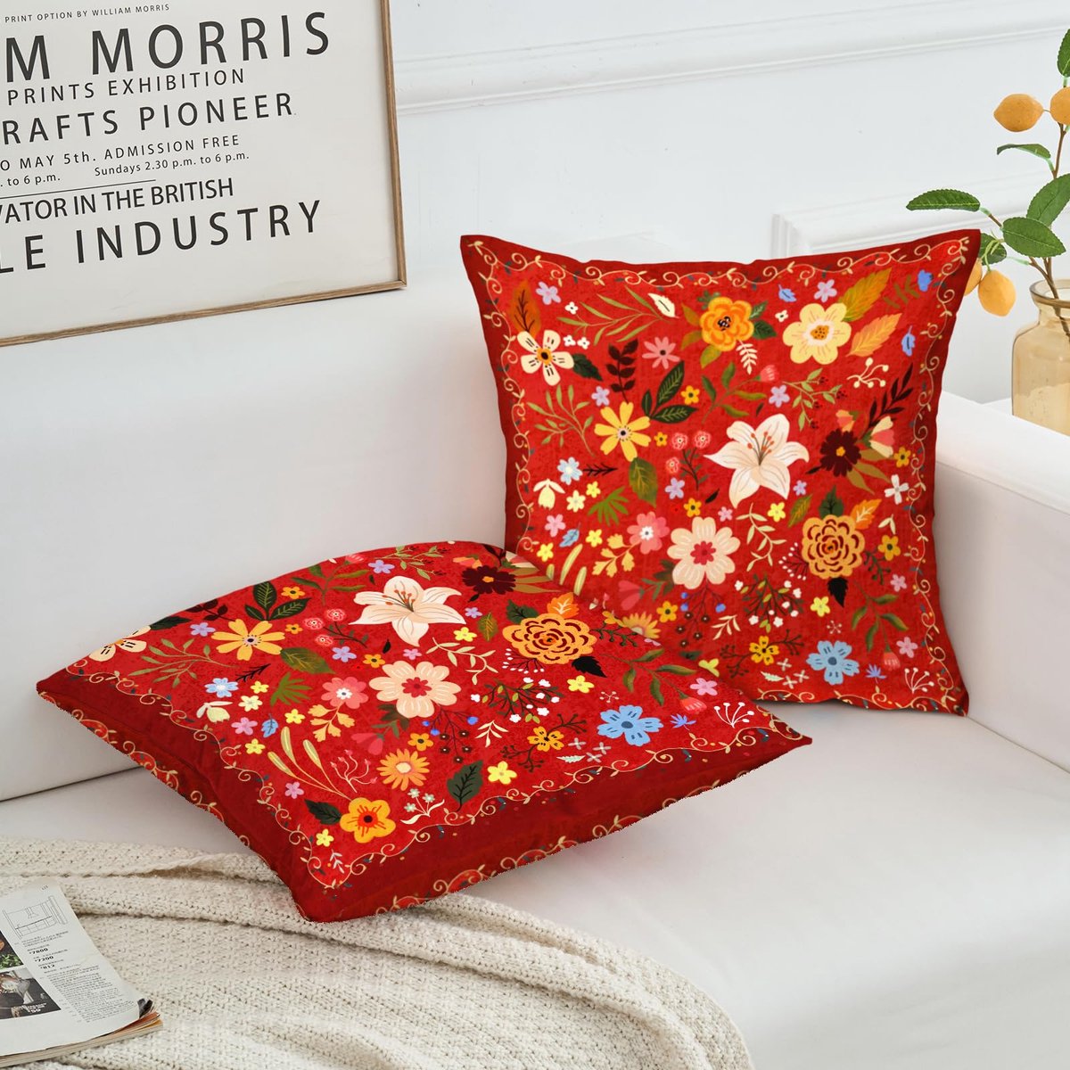 Set met 2 kussenhoezen, 40 x 40 cm, Boho, floreel, Vintage, decoratieve kussenhoezen, 40 x 40 cm, dubbelzijdig, bedrukt, voor huis, sofa, woonkamer, slaapkamer, rood