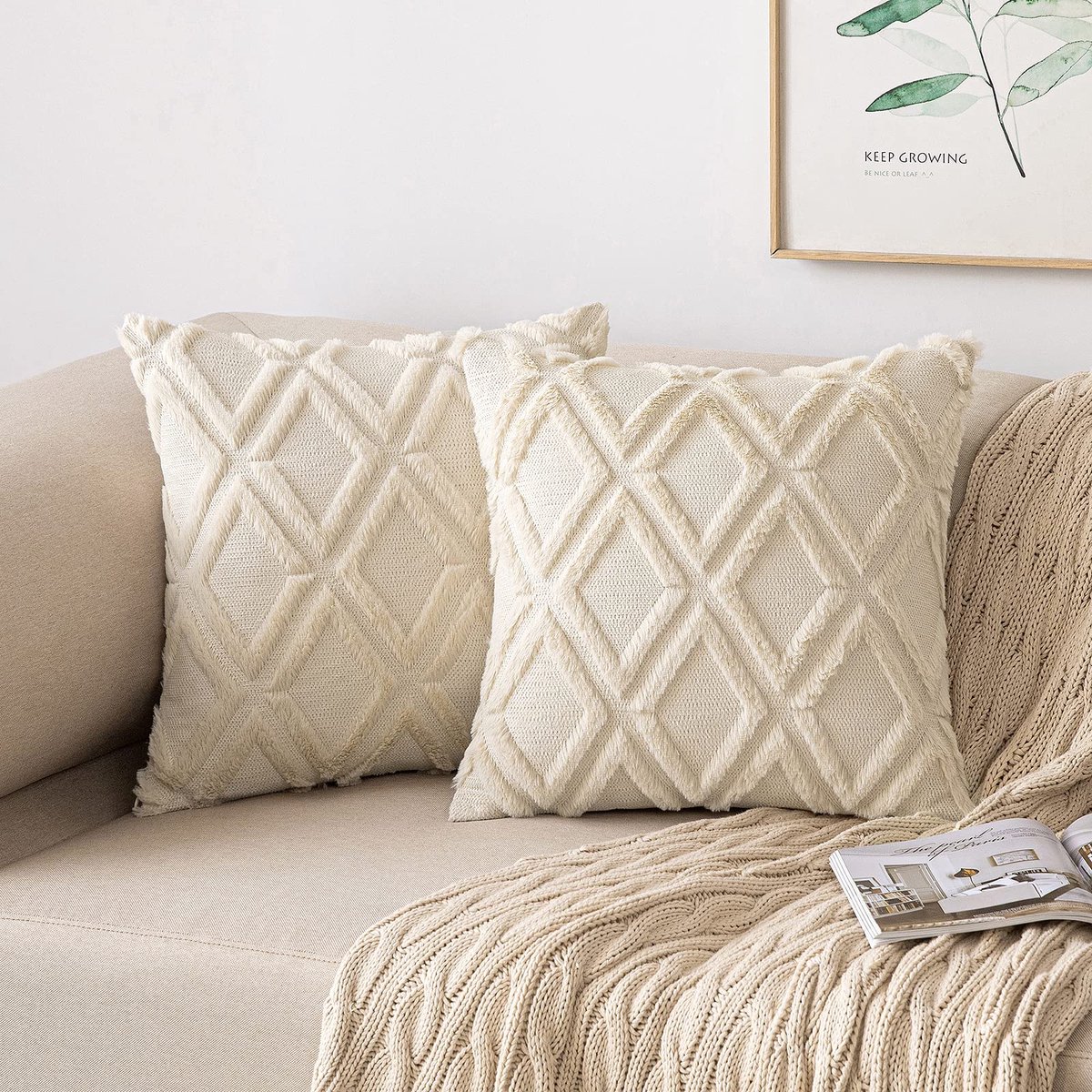 Kussenslopen, voor sierkussens, set van 2, wol, fluweel, boho, decoratief kussen, voor de bank, slaapkamer of woonkamer, 45 x 45 cm, beige