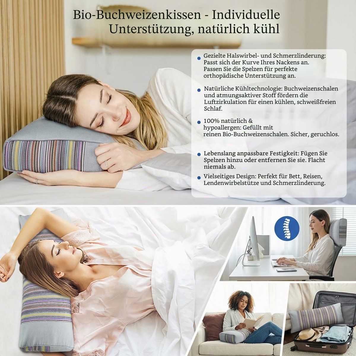 boekweitnekkussen met rits, natuurlijk boekweitslaapkussen, kussen met wasbare katoenen hoes, boekweitschil, neksteunkussen verlicht nek- en schouderpijn (grijs)