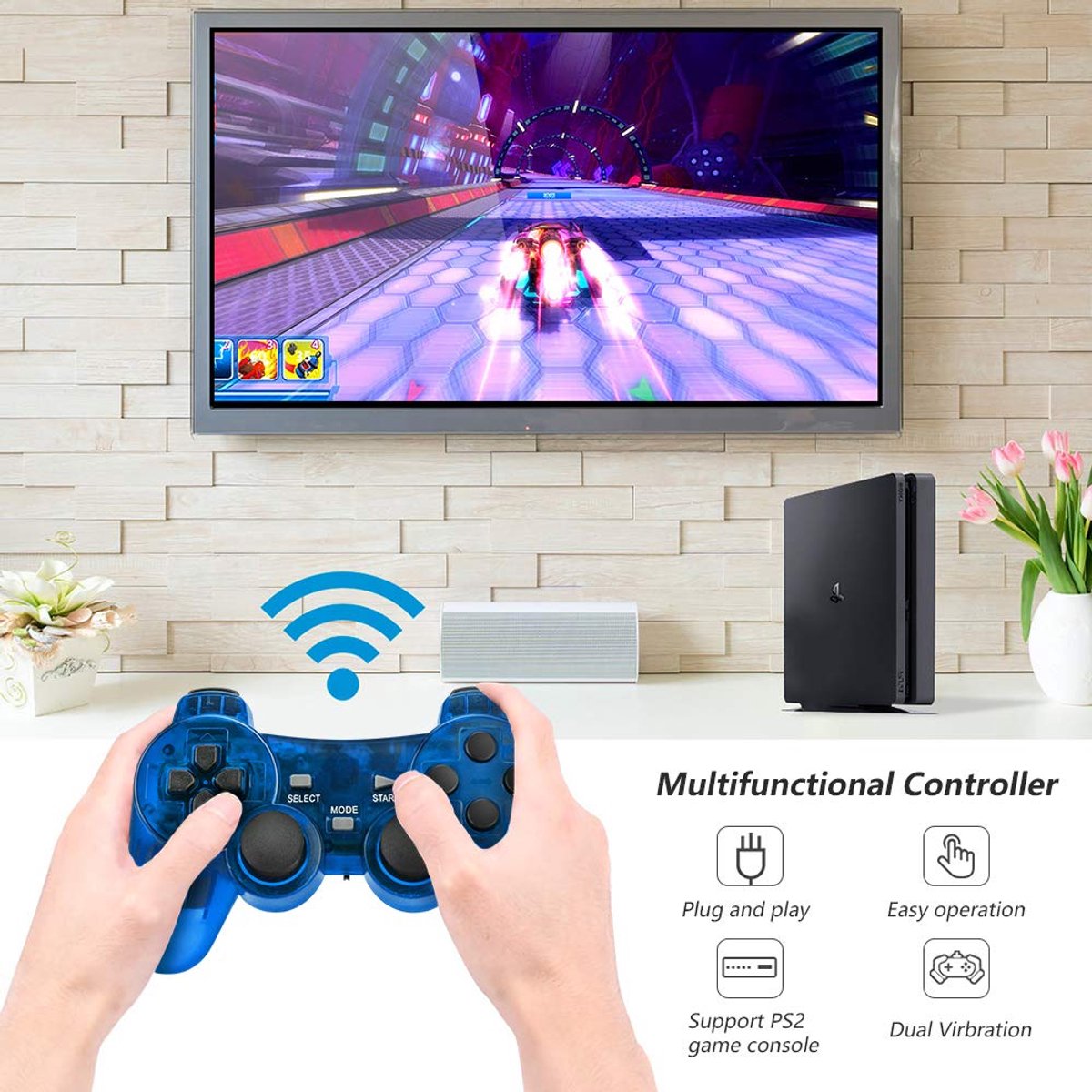 2-pack draadloze controller voor PS2 Playstation Achort 2.4G Gamepad Joystick Remote met Dual Shock Vibration Sensitive Control draadloze ontvangers Sony (ClearBlue en ClearGreen)