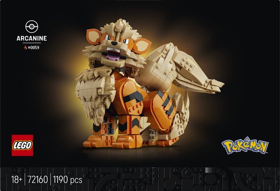 LEGO Arcanine met oranje en beige blokken, met de tekst LEGO en Pokémon.