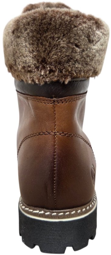 Bruine leren veterboot met rits en bontkraag, van achteren gezien.