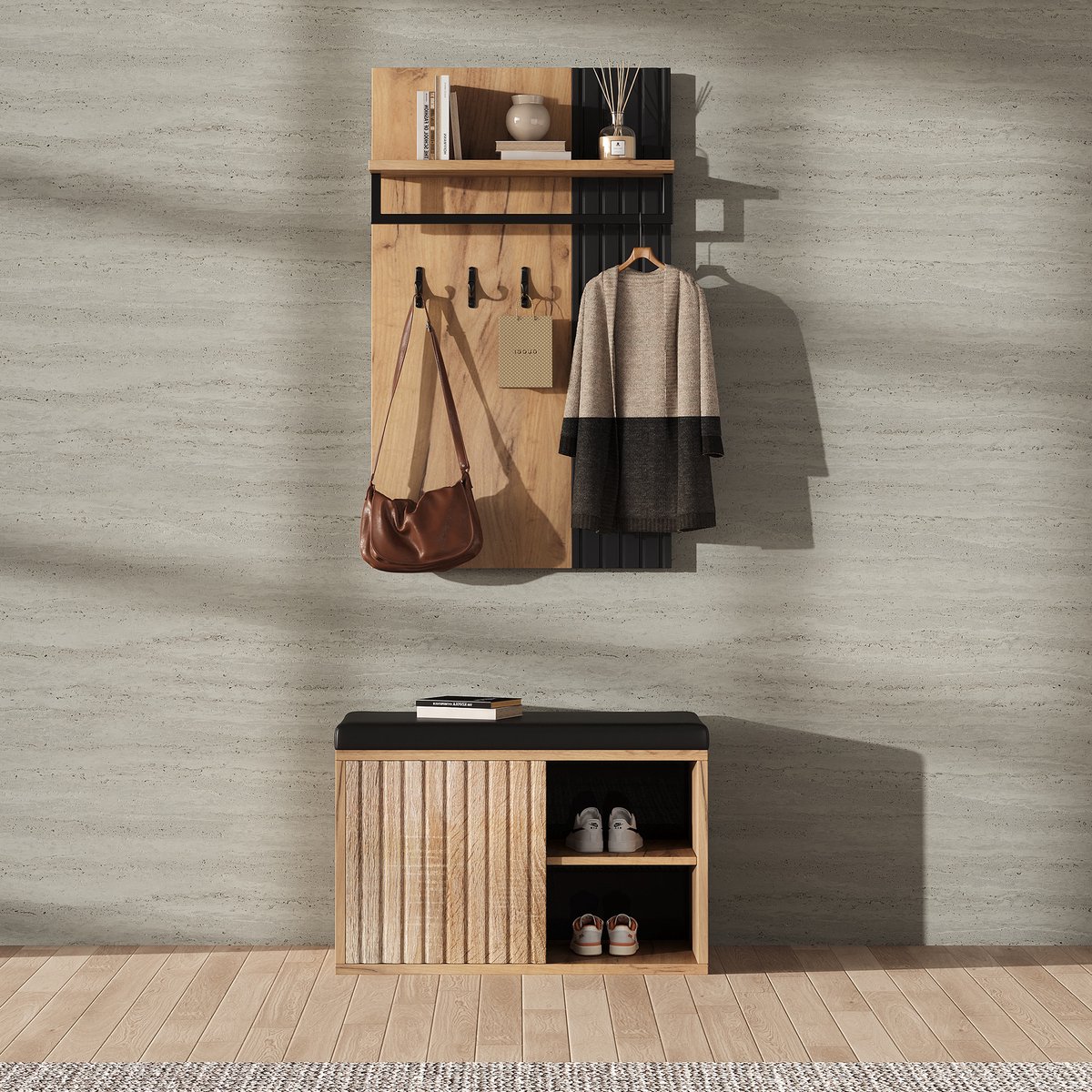 Clruro Garderobekast - 70 × 36 × 146 cm - met Zitbank - met Laden - met Haken - Spaanplaat - Zwart en Naturel