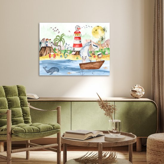 Poster kinderen - Wanddecoratie jongens - Strand - Dieren - Kinderen - Vuurtoren - Poster kinderkamer - 80x60 cm - Decoratie kinderkamers - Kinderkamer decoratie - Poster Babykamer — afbeelding 2