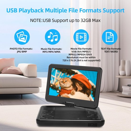 Draagbare DVD Speler - Mobiele TV - Reizen en Ontspanning - Ingebouwde DVB-T2 Tuner - 10.1 Inch Scherm - Zwart — afbeelding 5