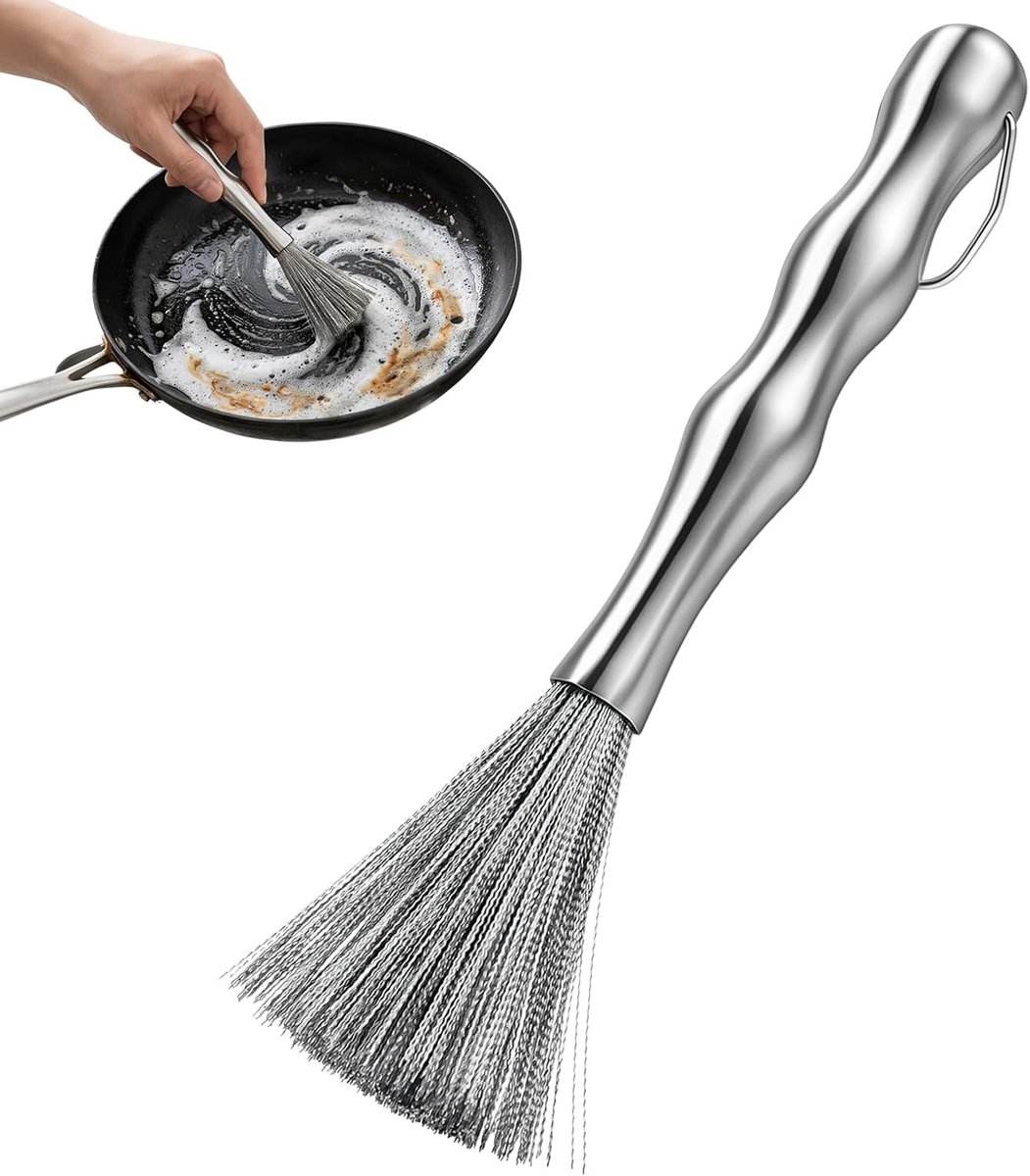 keukenborstel, panschrobberborstel - SUS304 roestvrij staal, ergonomisch bamboehandvat met lange steel, duurzame draadborstel, zware ontvetter voor potten, pannen, kookgerei