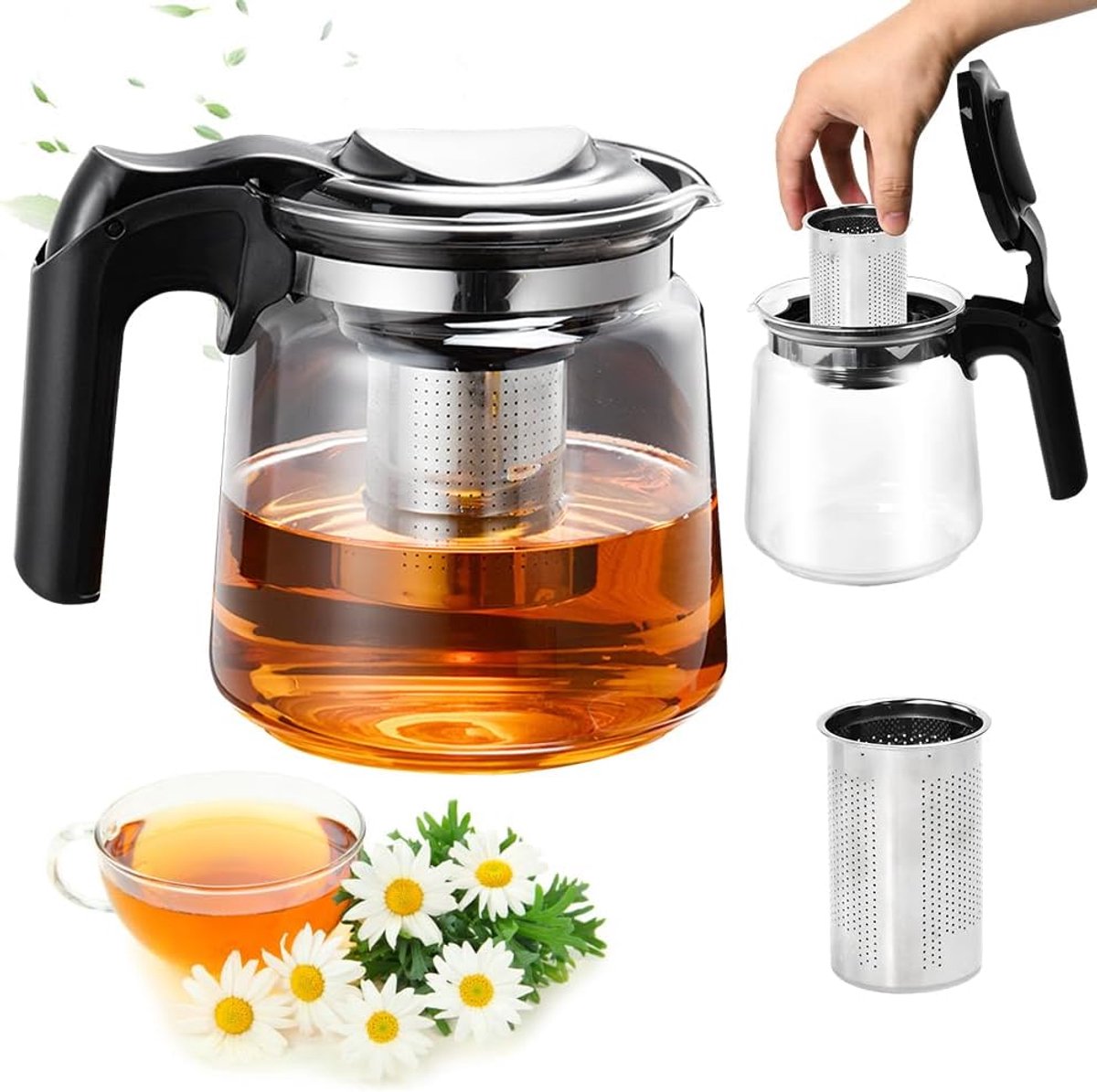 Theepot van glas, 1,5 liter, hittebestendig met roestvrijstalen zeefinzetstuk, glazen theepot met deksel, koffiepot, waterkan, theepot, theemaker voor groene thee, zwarte thee, kruidenthee