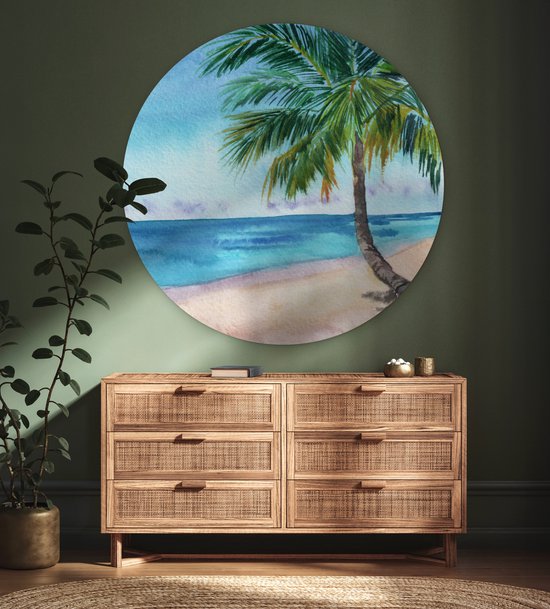 WallCircle® Wandcirkel 140x140 cm - Muurcirkel Zee - Palmboom - Strand - Muurdecoratie woonkamer - Wanddecoratie slaapkamer - Kamer decoratie accessoires - Ronde schilderijen
