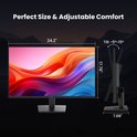 Een monitor van 24,2 inch met de afmetingen aangegeven, en de monitor wordt gekanteld.