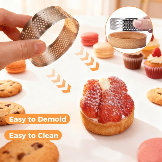 12 Stuks Mousse Tartelette Vormpjes, 8 cm Dessert Mousse Ring met Gaten, Geperforeerde Dessertringen, Mousse Tarteletvormpjes, Roestvrij Staal, voor Taarten, Gebak, Minitaarten, Minipizza's en Mu — afbeelding 2
