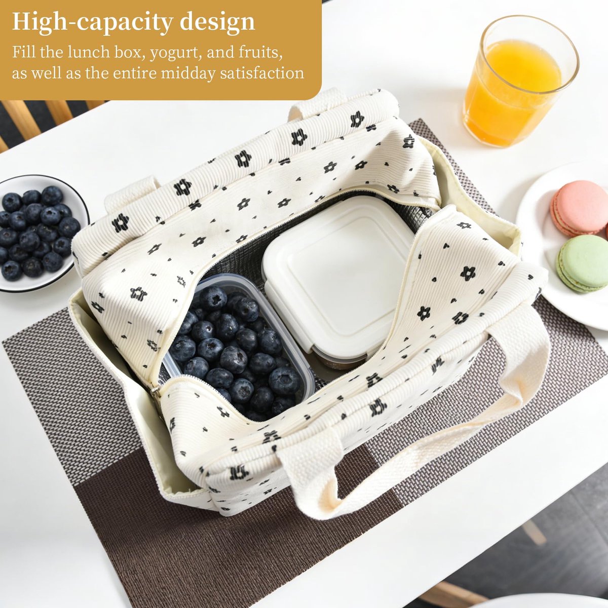Koeltas voor dames, grote capaciteit, thermotas bekleed met aluminiumfolie, draagbare lunchtas, geschikt voor werk, reizen, school en picknicks (beige, bloemenpatroon)