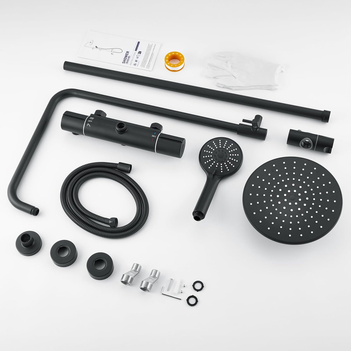Kraan complete set: regendouche met thermostaatarmatuur, in hoogte verstelbare roestvrijstalen douchestang, 23 cm overhead regendouche en handdouche met 3 straalsoorten & roestvrijst