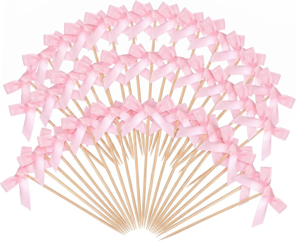 Houten cocktailspiesjes met roze strik - 100 stuks voor snacks, fingerfood en fruittandenstokers, ideaal voor feestjes en evenementen