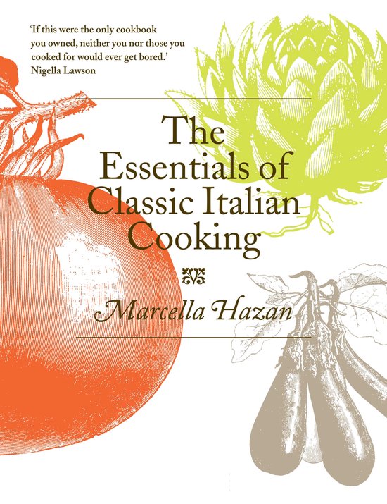 Boekcover 'The Essentials of Classic Italian Cooking' met een ui, artisjok en aubergines.
