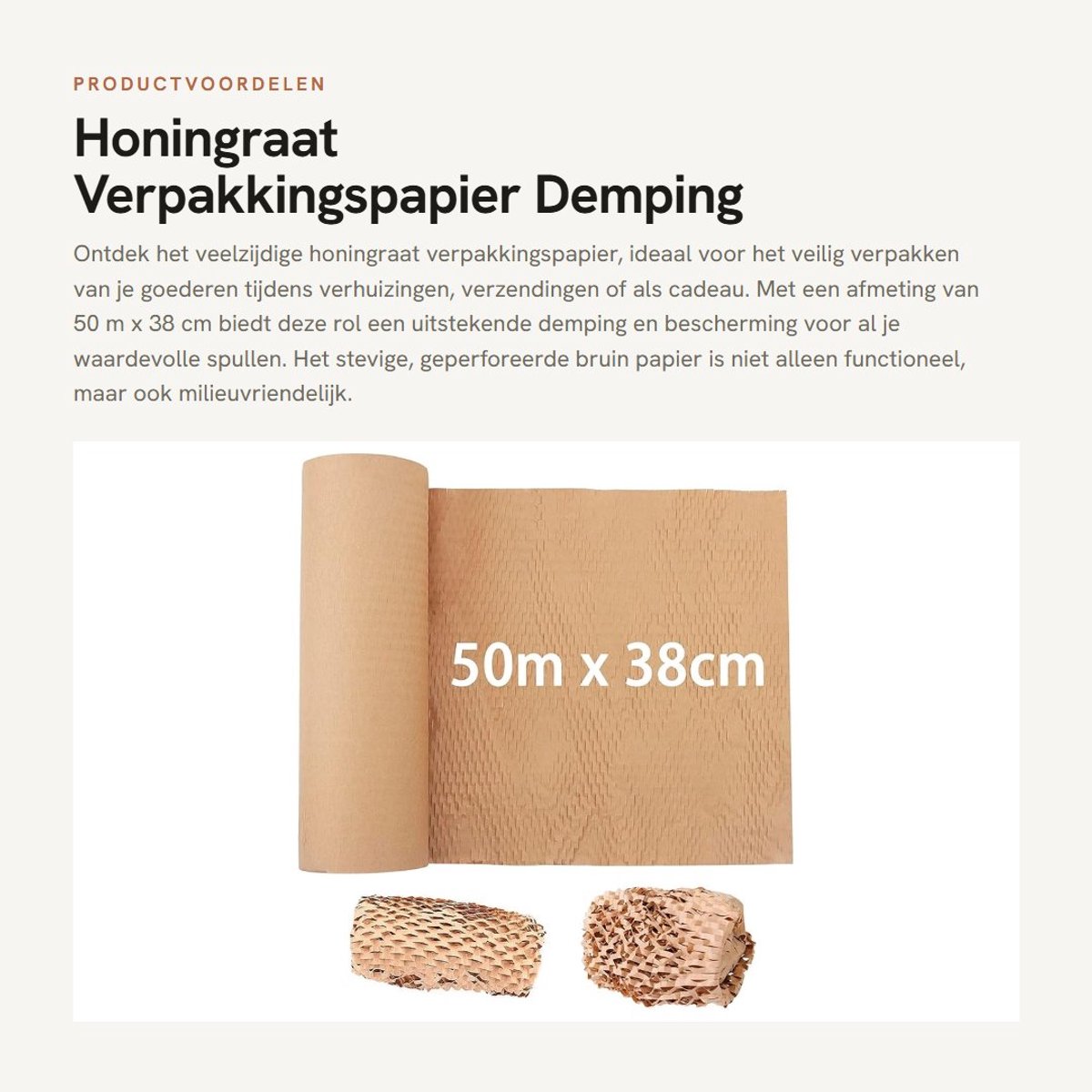 Dailygoods- Honingraat Verpakkingspapier 50 m x 38 cm - Kraft Demping - Geperforeerd Wikkelpapier - Verhuizen/Verzending - Geschenkverpakking - Schokabsorberend - Inpakpapier