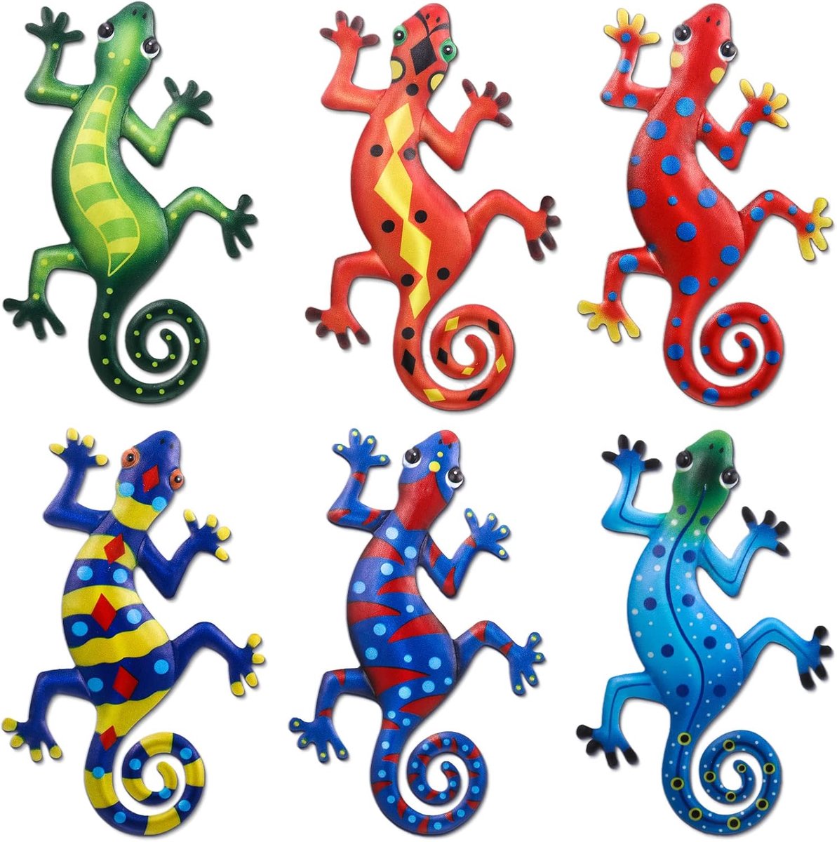 Gecko Wanddecoratie van metaal, 6 stuks, 22,4 cm, lizard art, hekdecoraties voor terrassen, met inspirerende sculpturen, hangend binnen en buiten