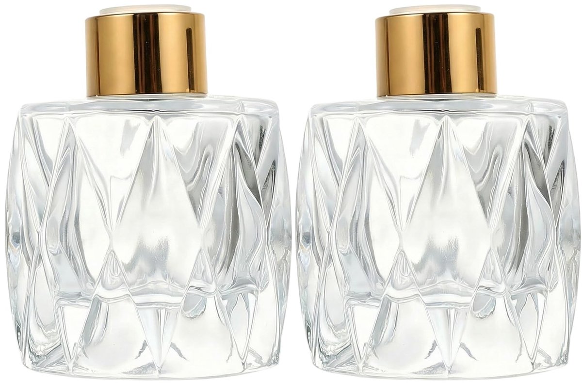 Dailygoods- Diffuser 50ml - 2 Stuks - Glazen Fles - Prismatisch Design - Gouden Dop - Herbruikbaar en Stevig - Geurstokjes