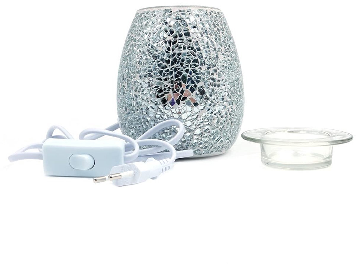 Dailygoods - Kandelaar van Geharde Mozaïekglas - Geur- en Olie Smelter - Handgemaakt - Zilver - Decoratie voor Thuis - Unieke Mozaïekdesign