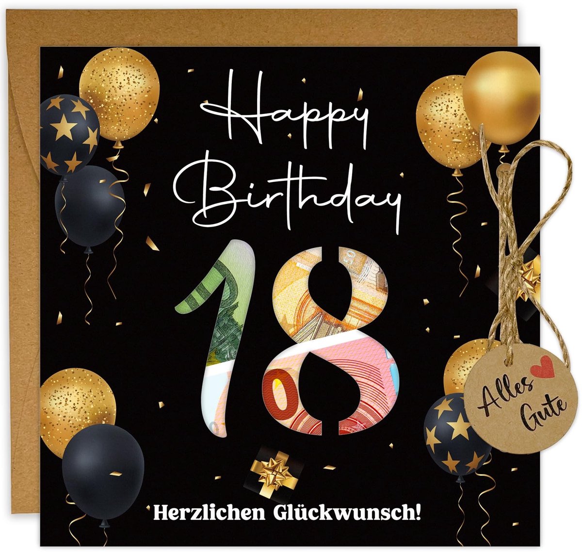 Dailygoods- Verjaardagskaart 18e verjaardag - Geldgeschenk - Envelop van kraftpapier - Stijlvolle cadeauhanger - Elegant ontwerp - Ruimte voor persoonlijke boodschap - Geldkaart