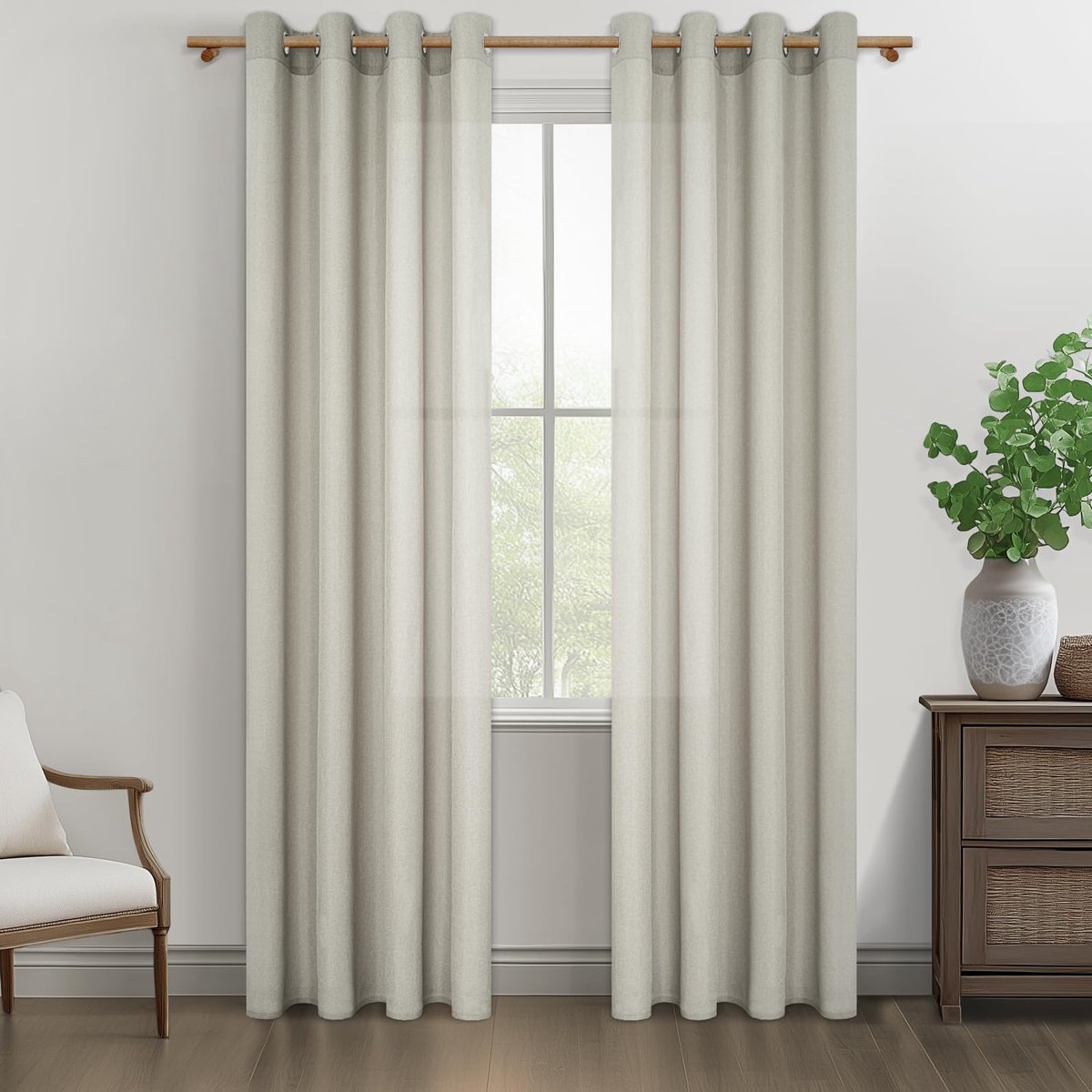 Gordijnen van linnen, set van 2, 200 cm lang en 140 cm breed, gordijnen met inslagringen, halftransparant, voor slaapkamer, moderne linnen gordijnen met inslagringen voor stijlvolle