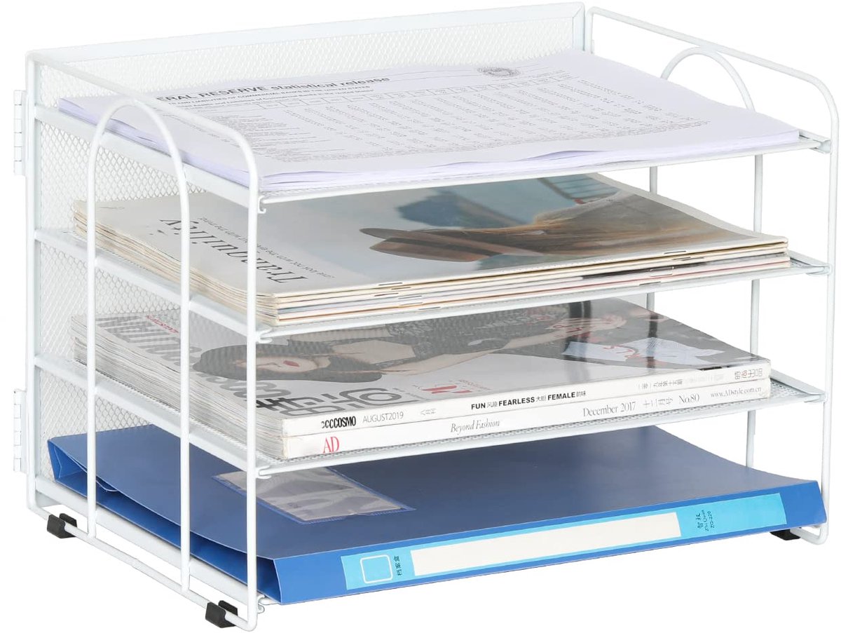 4-laags A4 Mesh Documenthouder voor Bureau - Ordner, Papieren Organizer en Tijdschriftenopslag, Wit