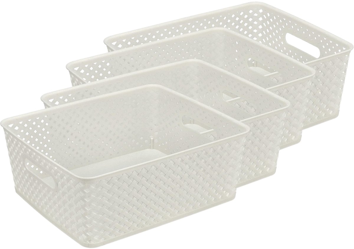 Wit Set van 4 – ±12 Liter per Mand – 35,3 x 29,5 x 13,3 cm – Kunststof Opbergmand met Handgrepen