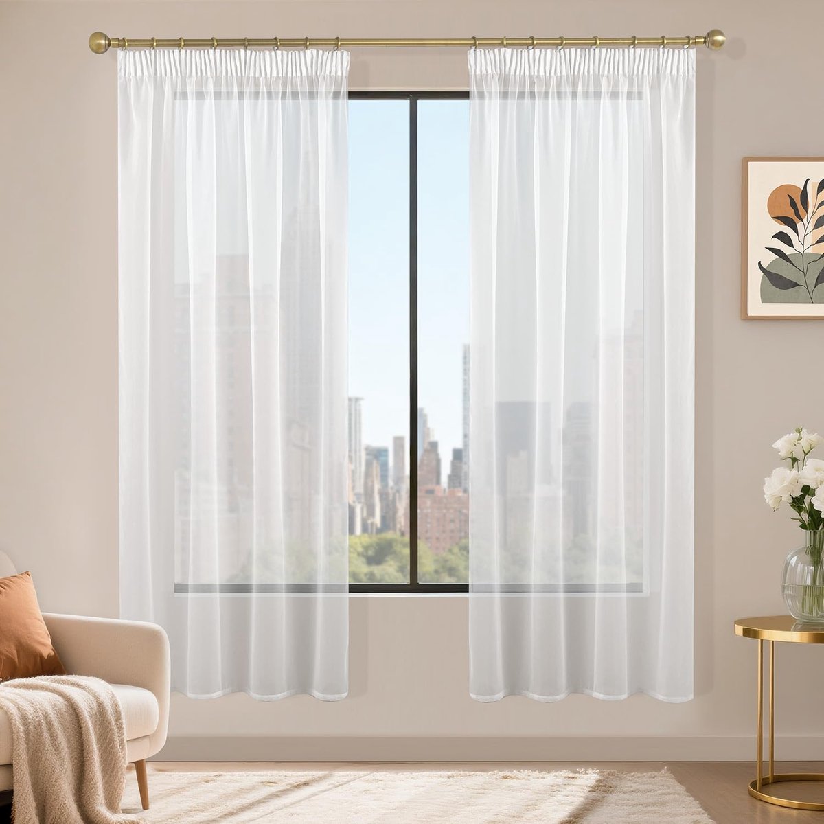 Gordijnen met plooiband, set van 2, voile schuifgordijnen, 180 x 120 cm (h x b), transparante gordijnen, gordijn wit, gordijnen voor woonkamer, slaapkamer, doorzichtig gordijn