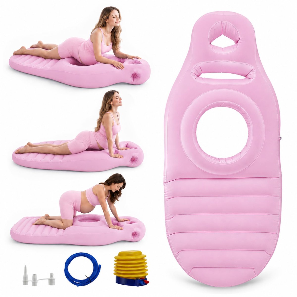 Opblaasbaar zwangerschapskussen, yogamat voor zwangere vrouwen, met gat, comfortabel gevlokt luchtbed voor zwangere vrouwen, buikliggende mat, ondersteuning voor het hele lichaam