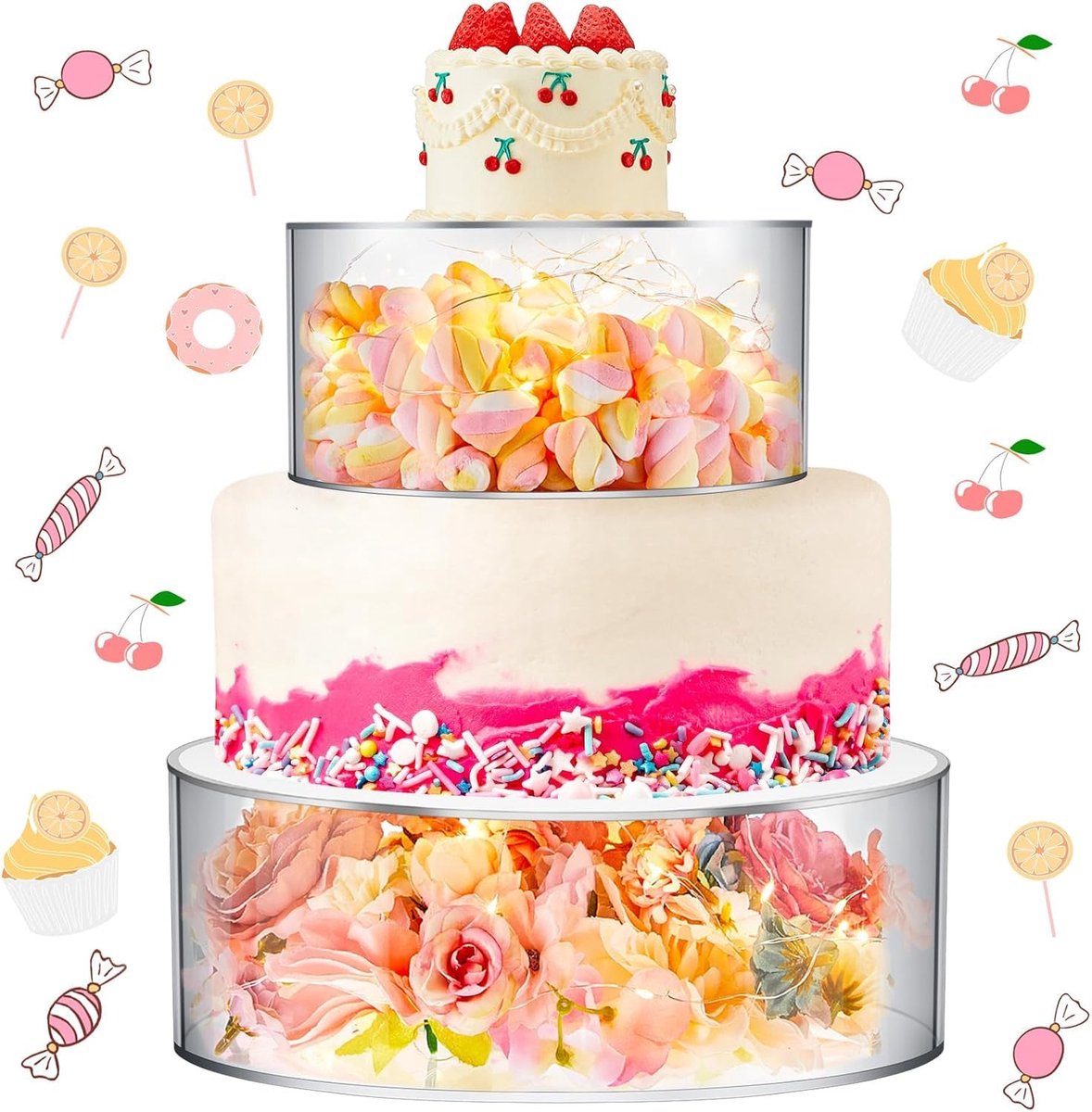 Taartstandaard van acryl, ronde cilinder-display-riser, 2 stuks desserttafel, displaybox, led-decoratieve transparante cupcake-etagère voor verjaardagen, bruiloften en feestdagen