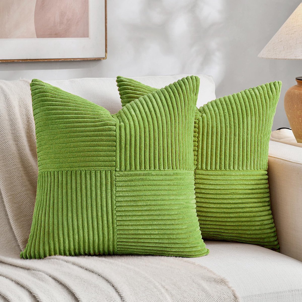 Set van 2 kussenslopen, limoengroen, corduroy, 45 x 45 cm, zacht, modern, decoratieve kussenslopen, sierkussensloop, bankkussen, sierkussen, boho, decoratie voor bank, slaapkamer, woonkamer