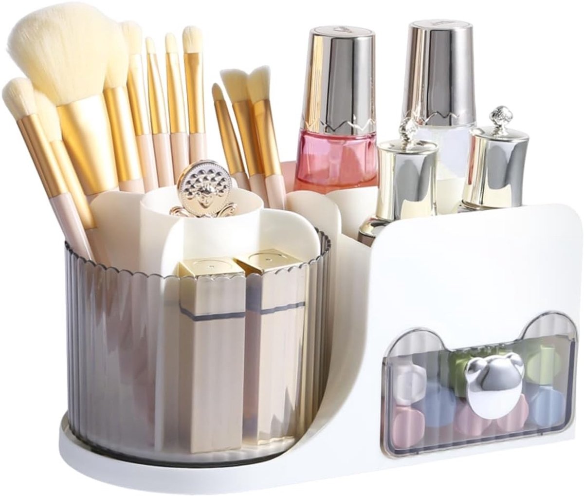Make-uporganizer met lade en 360 graden draaibare borstelhouder, opbergdoos voor make-up en huidverzorging, ideaal voor vanity en kantoorgebruik