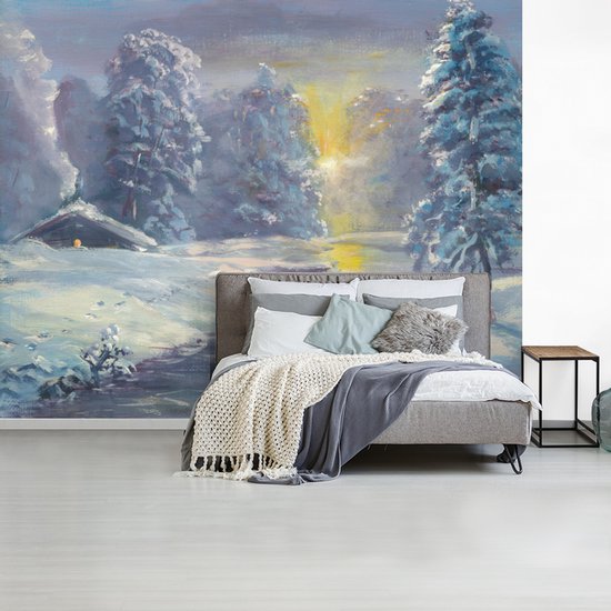 Papier peint photo peint vinyle - Une illustration d'une forêt d'hiver largeur 275 cm x hauteur 220 cm - Tirage photo sur papier peint (disponible en 7 tailles)