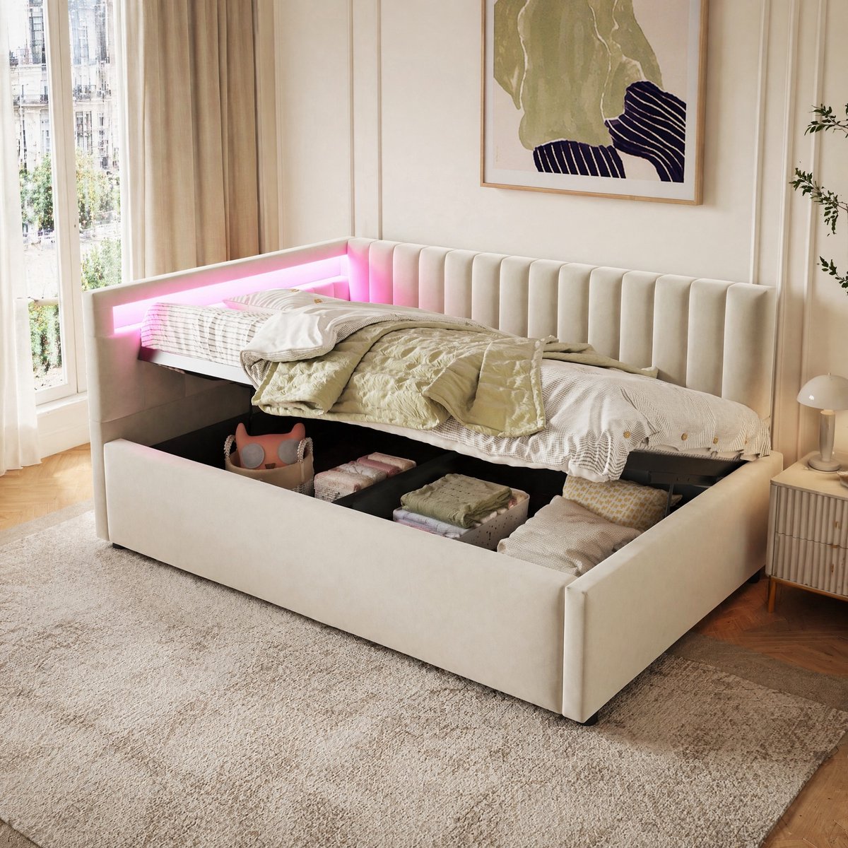 OKWISH Gestoffeerd bed 90x200 cm – Eenpersoonsbed met RGB-LED en hydraulische opbergruimte, verstelbaar hoofdeinde – Fluweel – Beige – Zonder matras