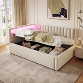 OKWISH Gestoffeerd bed 90x200 cm – Eenpersoonsbed met RGB-LED en hydraulische opbergruimte, verstelbaar hoofdeinde – Fluweel – Beige – Zonder matras