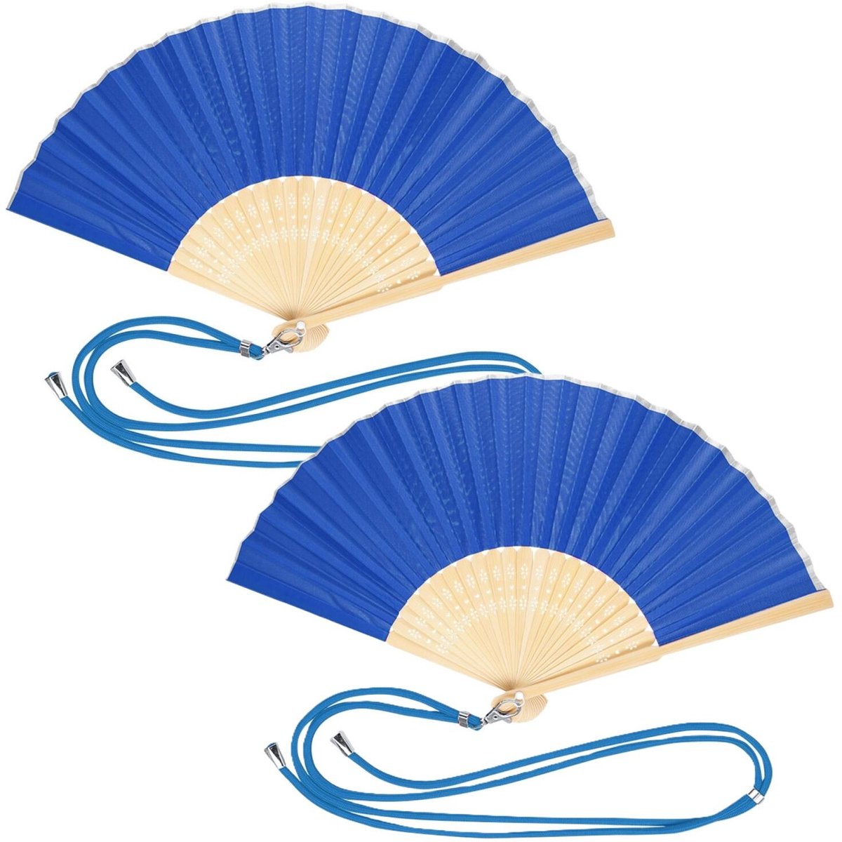 Bellatio Design Spaanse handwaaier - 2x - blauw - bamboe/polyester - 38 x 21 cm - met nekkoord - festival waaier