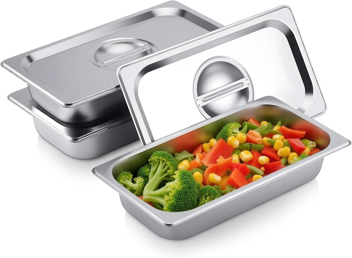 Set van 3 RVS Voedselcontainers met Deksel, Stapelbare Brooddozen, Ideaal voor Vlees en Gerechten (32.5 x 17.5 x 6.5 cm)