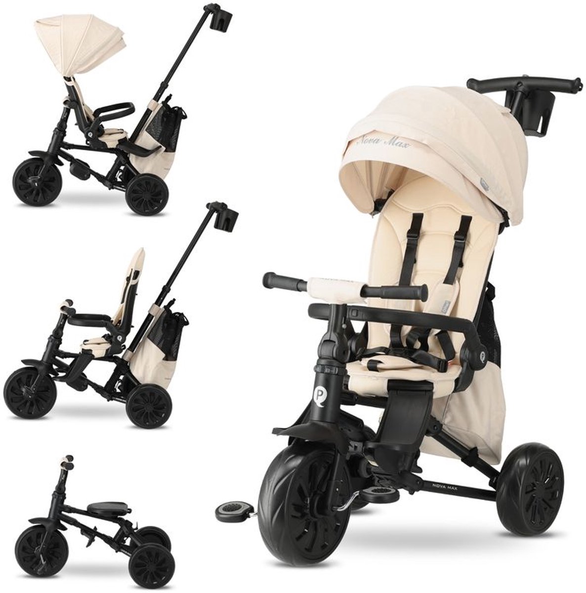 Qplay Nova Max Driewieler met Duwstang - Opvouwbare Peuterfiets - 5-in-1 - Beige