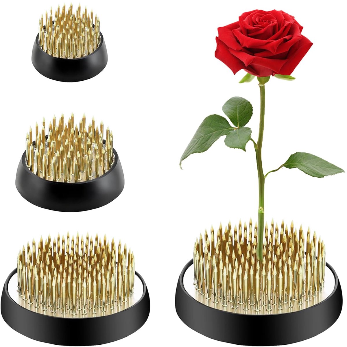 Vaas, 4 stuks, 4 maten, D34 + D40 + D50 + D60, bloemenkikker, roestvrij staal, Ikebana egel, met rubberen afdichting, voor theesalon, bloemist, thuis, kantoor