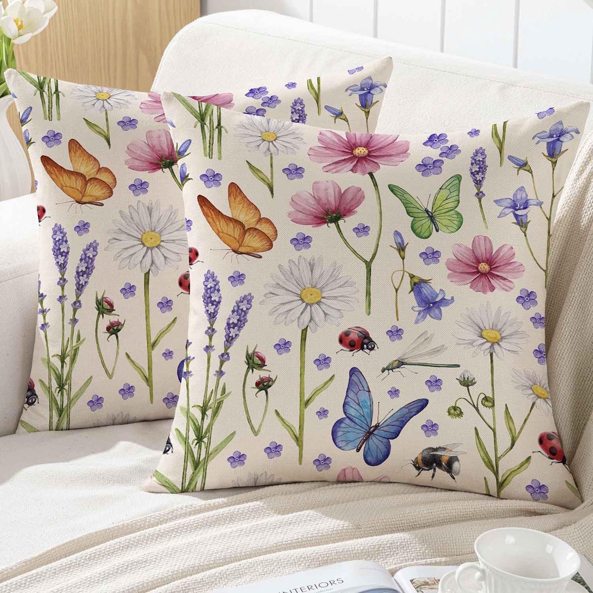 kussensloop, 45 x 45 cm, bloemenkussen, outdoor, bankkussen, wit, roze, bloemen, groen, bladeren, kleurrijke vlinders, kussenhoezen, sierkussen, kussenslopen, tuin, bank, decoratief