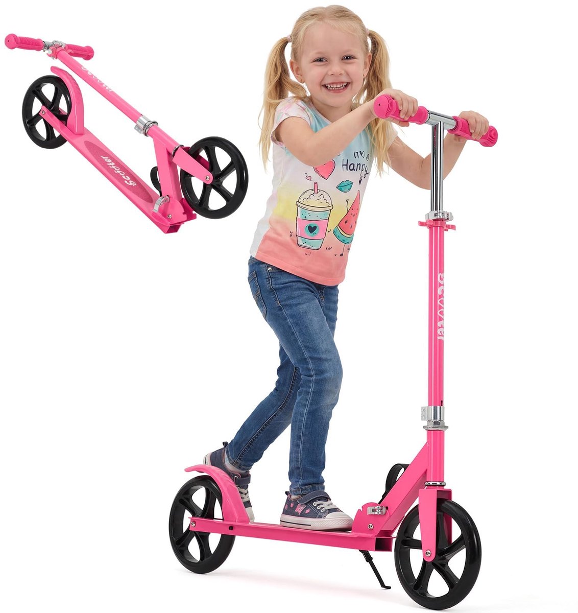 Vouwbare Step met Grote Wielen – Lichtgewicht Aluminium Step voor Kinderen en Volwassenen – Inklapbaar, Verstelbaar Handvat – Europees Roze – 3,65 kg – Anti-slip Voetplateau – Voor School, Park & Reizen