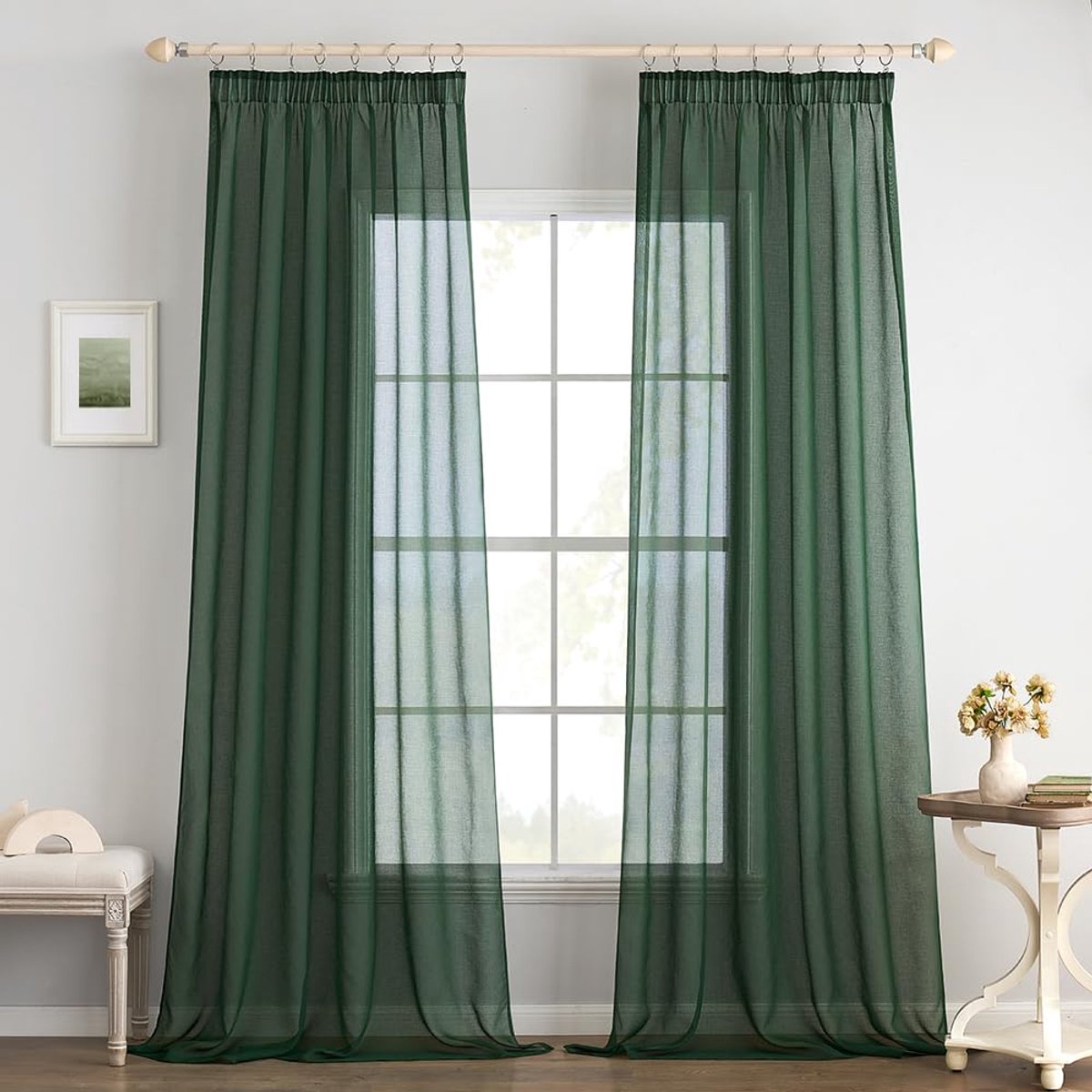 transparante gordijnen, 2-delige set, voile met kräuselband, polyester, transparant, woonkamer, luchtig, decoratief, voor de slaapkamer en woonkamer, 140 X 145 cm (b x h), donkergroen