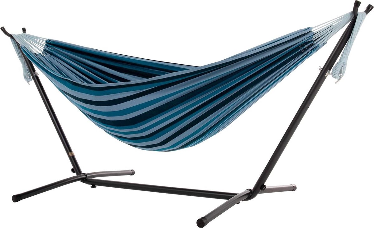 Katoenen hangmat - Relaxstoel buiten - Ontspannen in tuin - Inclusief stevige standaard - 250 cm lengte - Blauwgroen