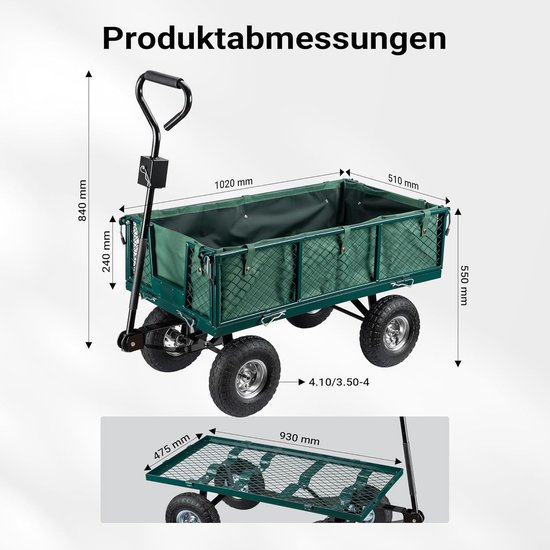 Bolderkar Tuinkar - Transportwagen - Zware Lasten Vervoeren - Afneembaar Binnenzeil - 300 kg Laadvermogen - Groen van Bolderkar — afbeelding 5
