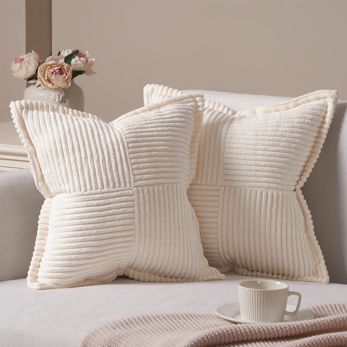 Set van 2 crèmekleurige kussenhoezen met onzichtbare rits, 40 x 40 cm, decoratieve pluizige kussenhoezen met onzichtbare rits, voor slaapbank, woonkamer, slaapkamer, 40 x 40 cm, crème