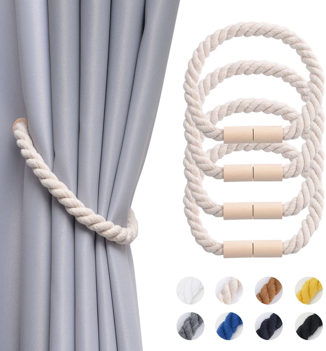 Jolly 4 Pack Houten Magnetische Gordijn Tiebacks Landelijke Retro Stijl Drape Tie Ruggen Natuurlijke Katoen Handgemaakte Touwgordijn Holdbacks voor Dunne of Dikke Thuis & Kantoor Raamgordijn (B